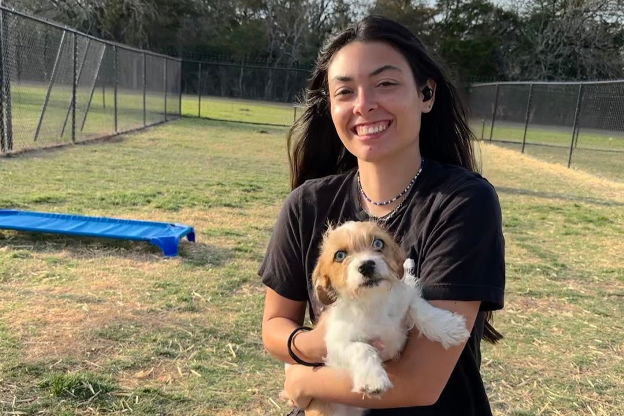 Woman holding a puppy in a park.